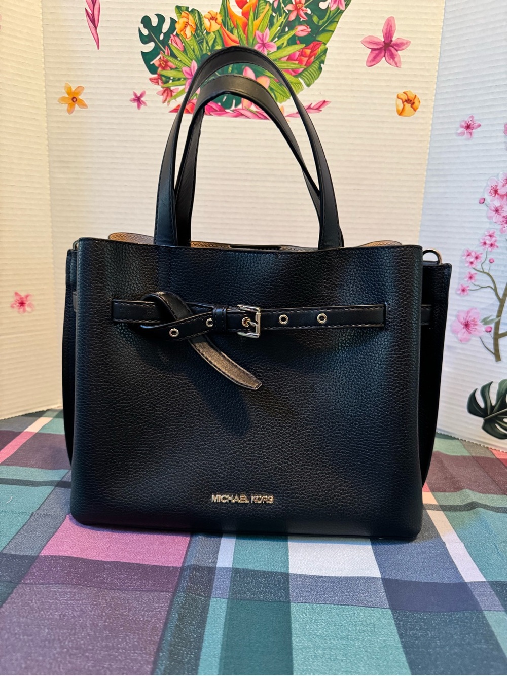 MICHAEL KORS Black Pebbled Leather Buckle Tote